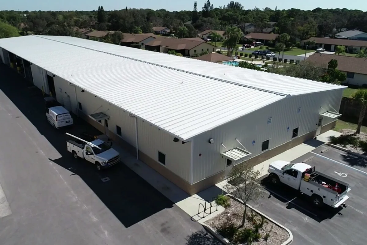 warehouse building aerial view front corner