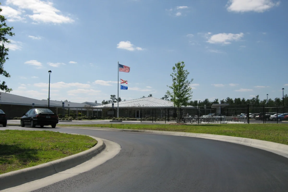school entrance road and building exterior