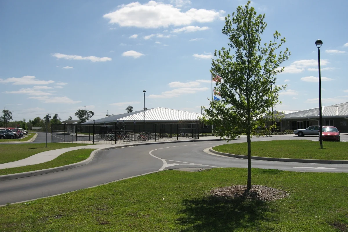 school entrance to parking lot
