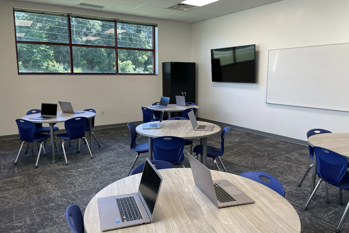 classroom with laptops