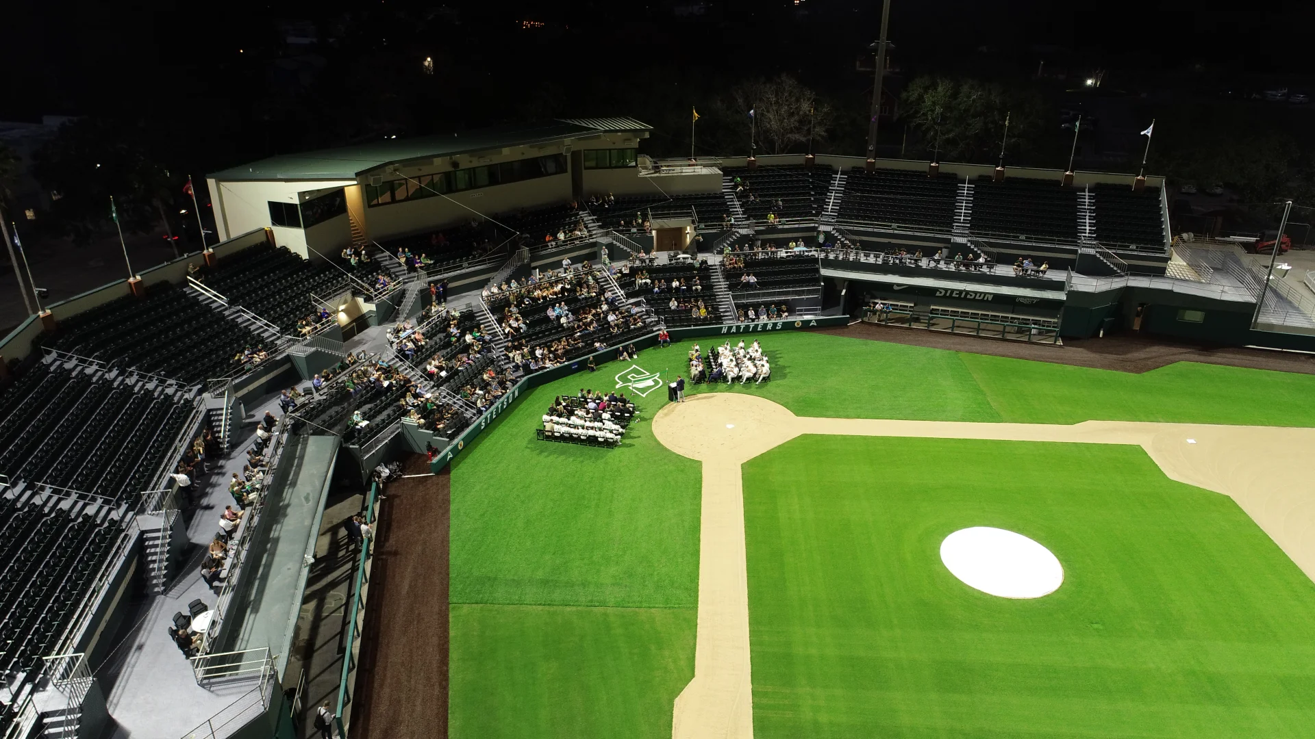 aerial view of baseball diamond at night