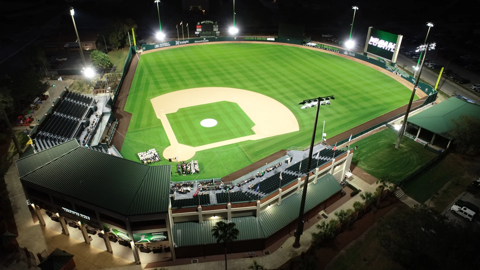 aerial view of baseball diamond at night