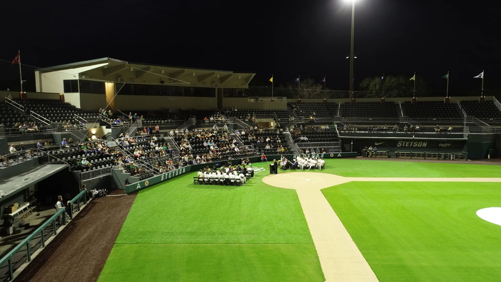 aerial view of baseball diamond at night
