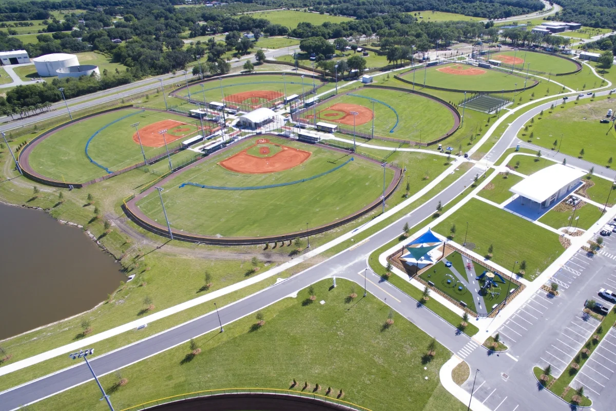 aerial view of baseball diamonds