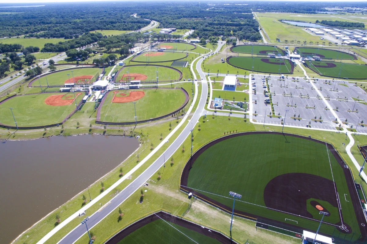 aerial view of baseball diamonds