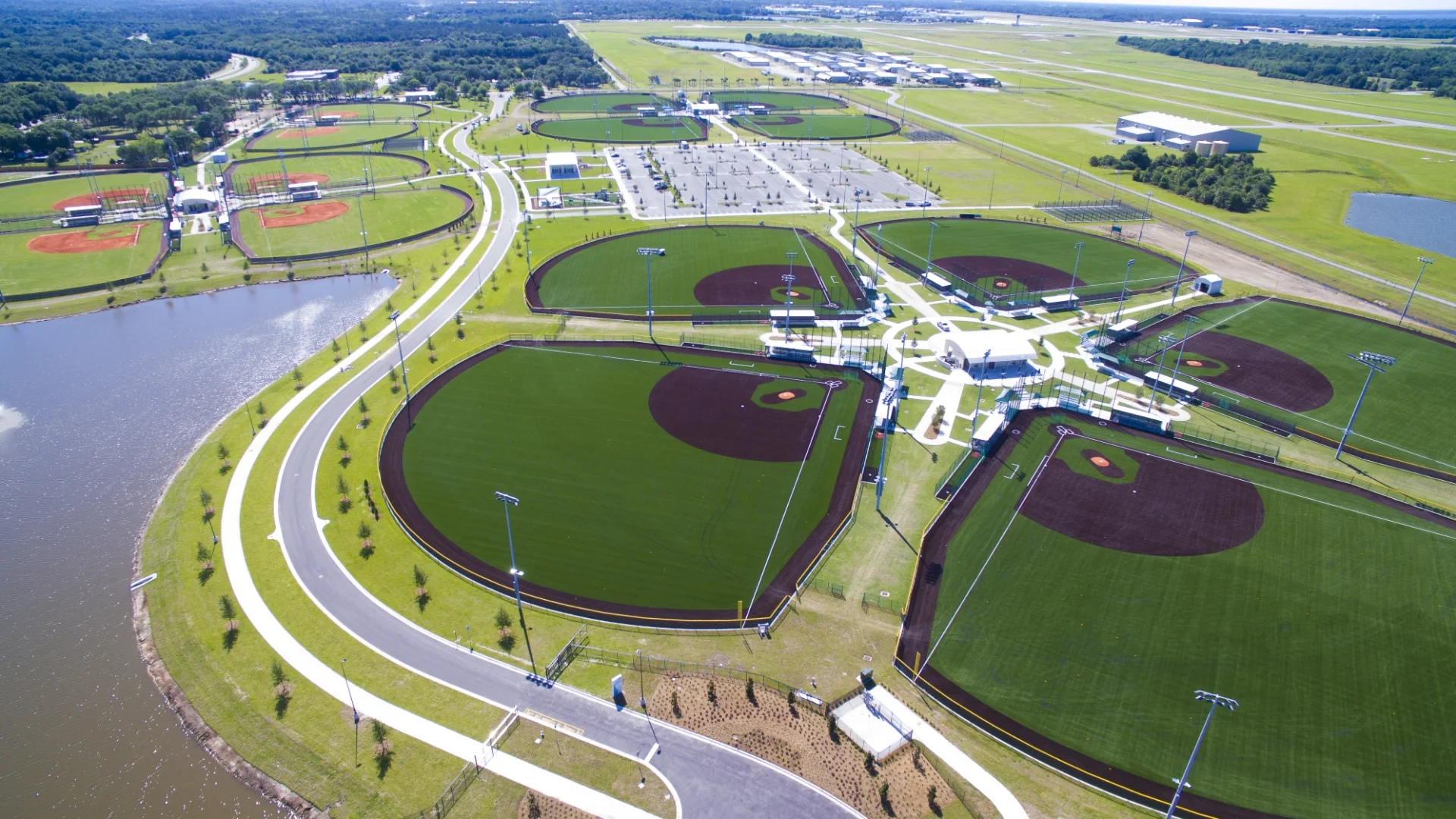 aerial view of baseball diamonds