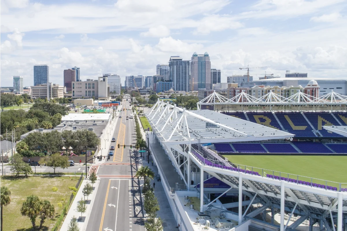 aerial of roadway and stadium