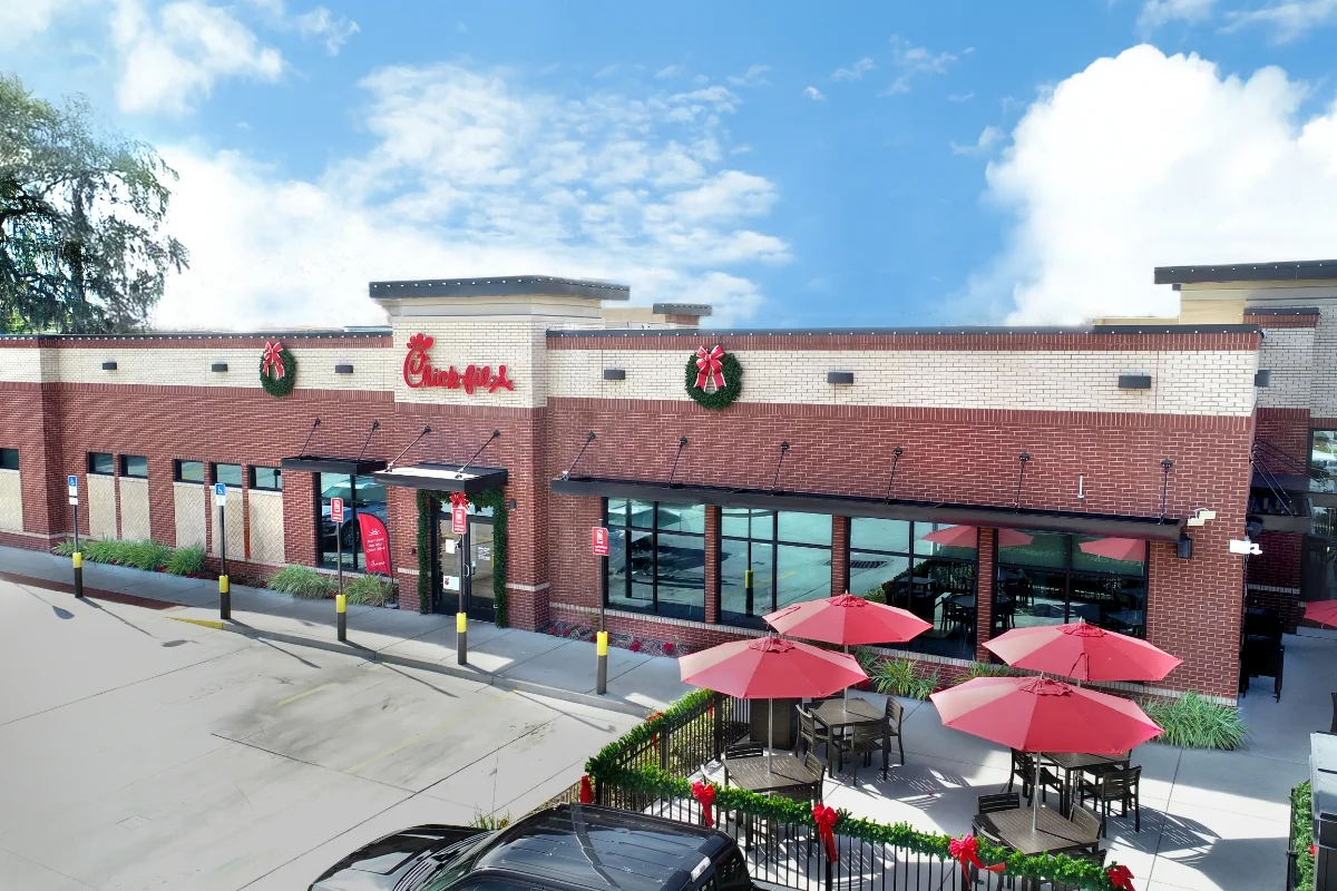 Chick-fil-A restaurant exterior and parking lot