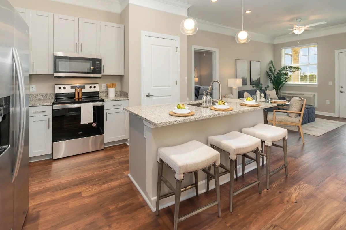kitchen with island and stools