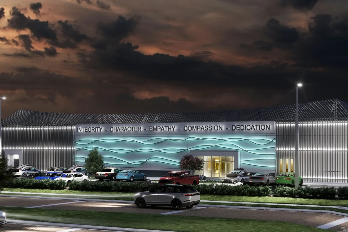 Police Hall of Fame building front exterior at night render