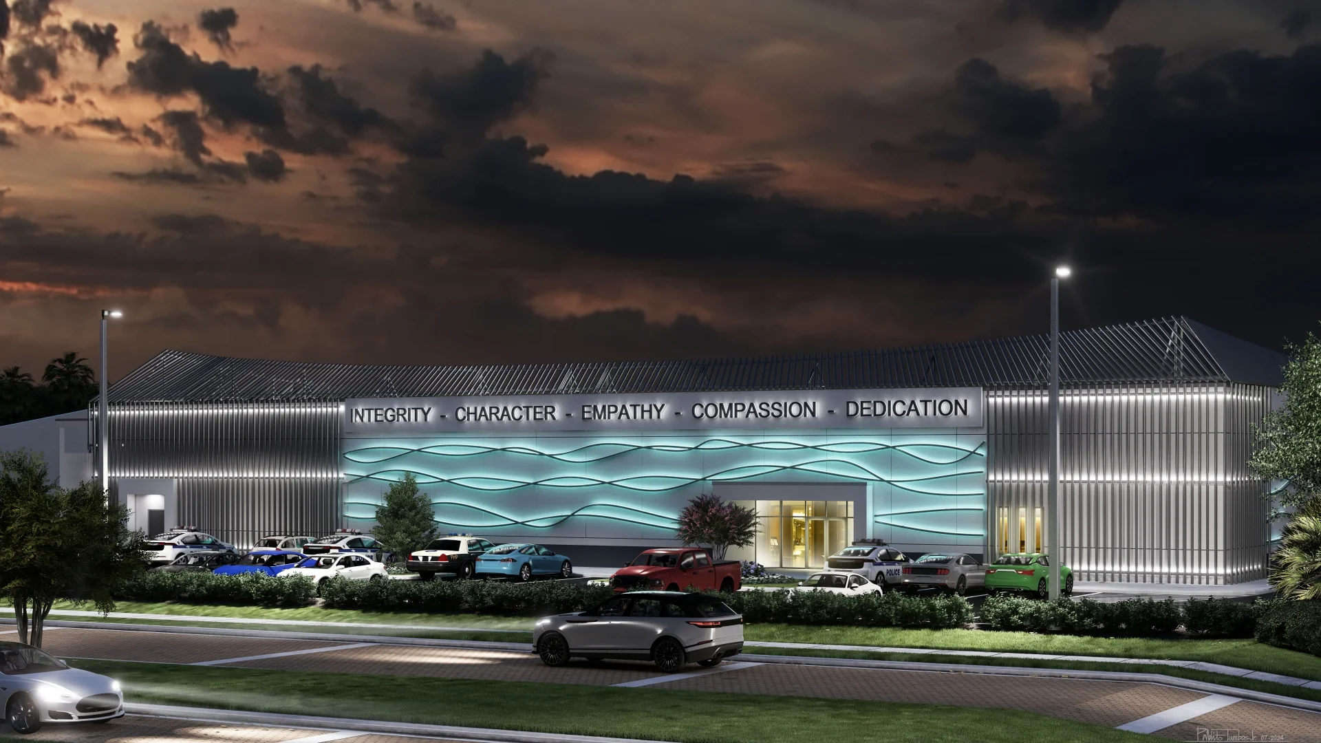 Police Hall of Fame building front exterior at night render