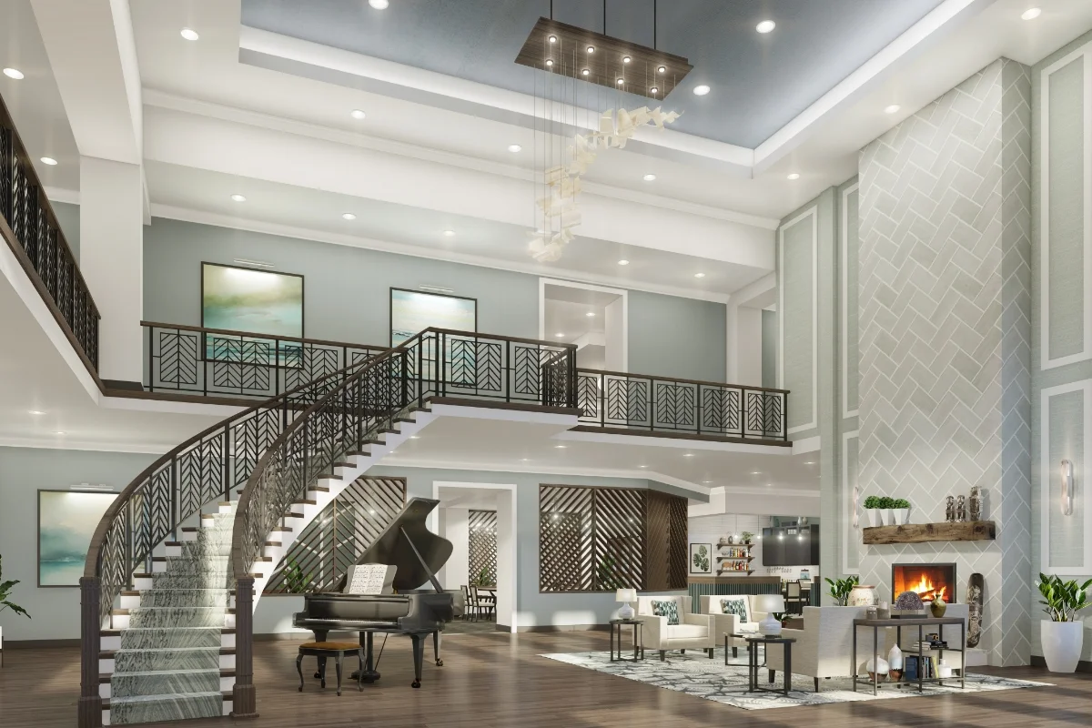 2-story foyer, staircase, fireplace and sitting area
