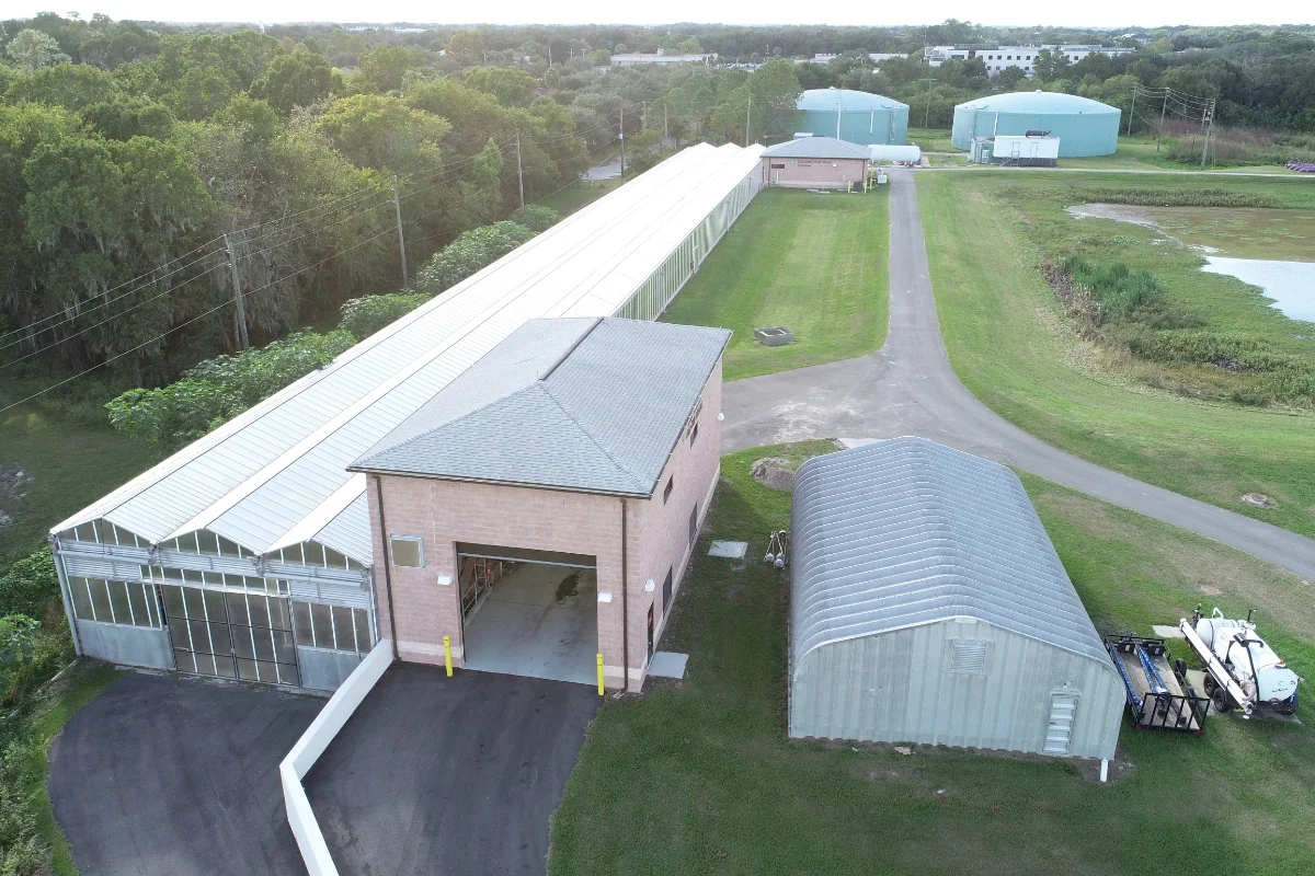 facility operations building and work sheds aerial view