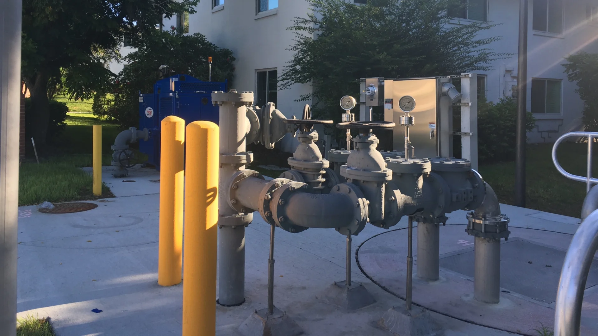 large grey outdoor water pipes