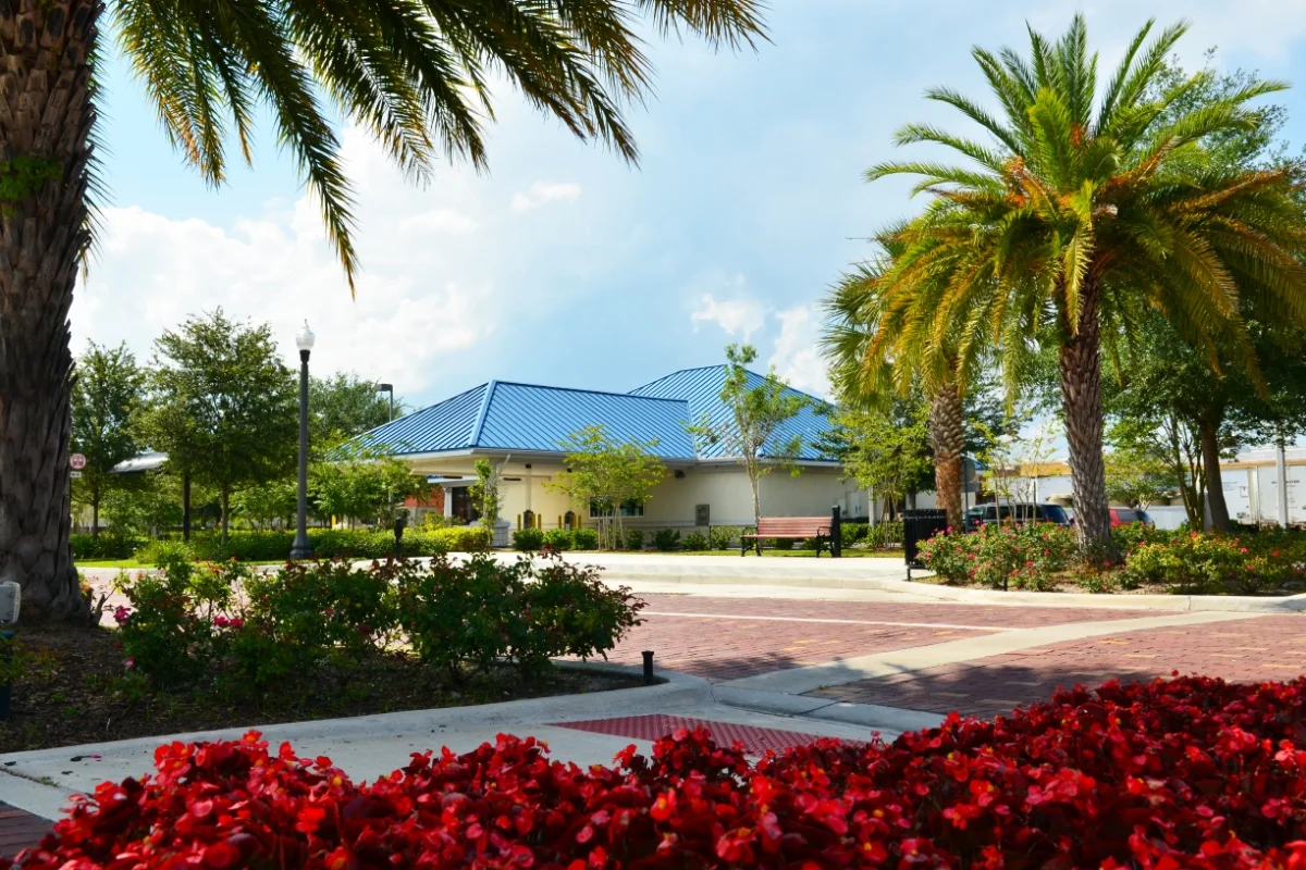 brick roadway and landscaping