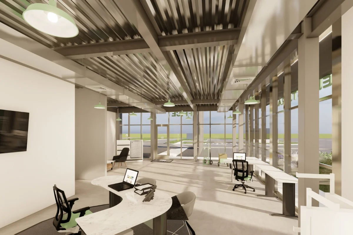 interior desks and wall of windows