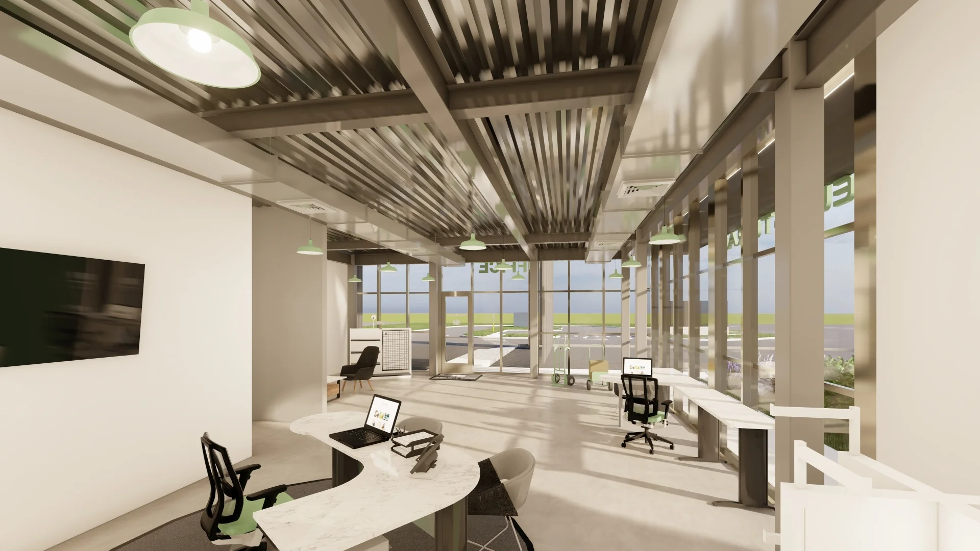 interior desks and wall of windows