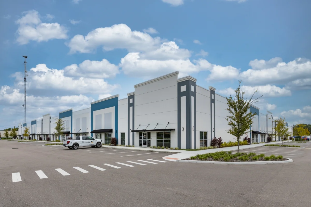 Sandlake Flexspace building front corner exterior and parking lot