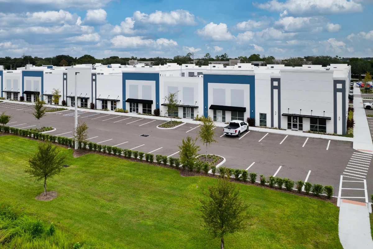Sandlake Flexspace building exterior and parking lot