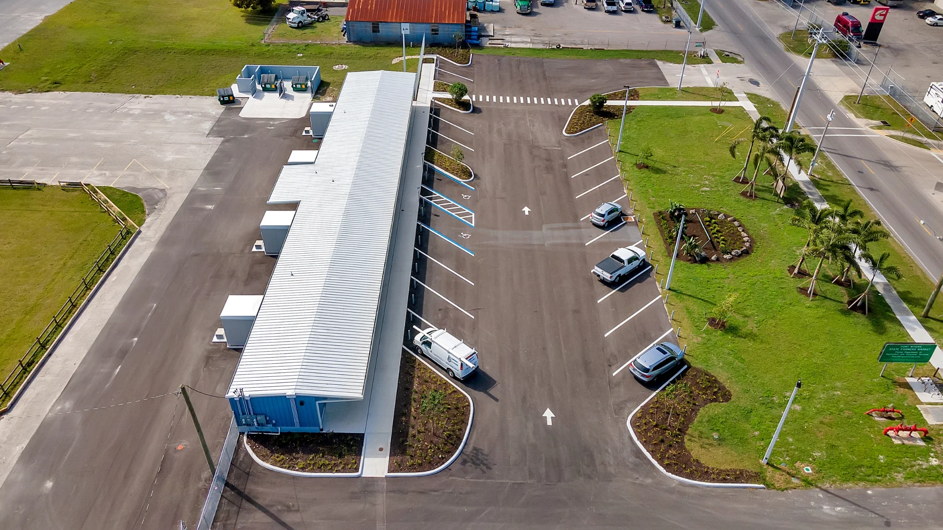 Florida State Farmer's Market Ft. Myers Building 9 Rebuild building exterior and parking lot aerial
