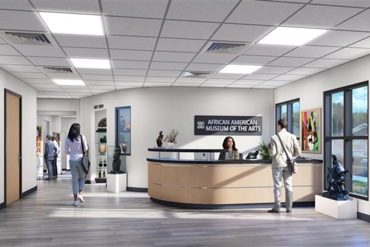 African American Museum 3D model render of interior lobby and welcome desk