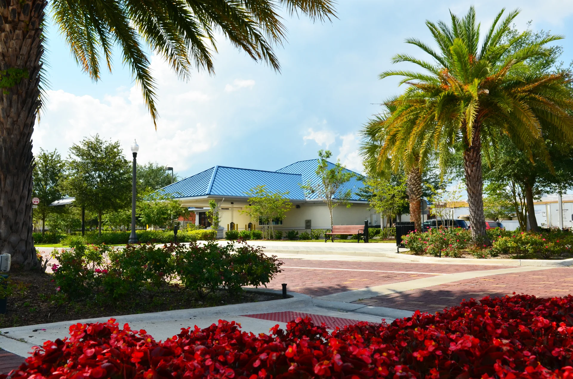 brick roadway and landscaping