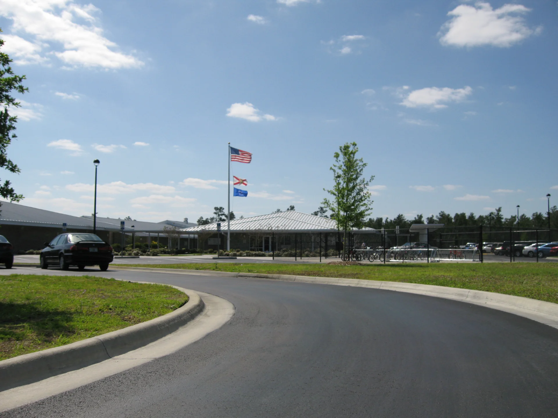 school entrance road and building exterior