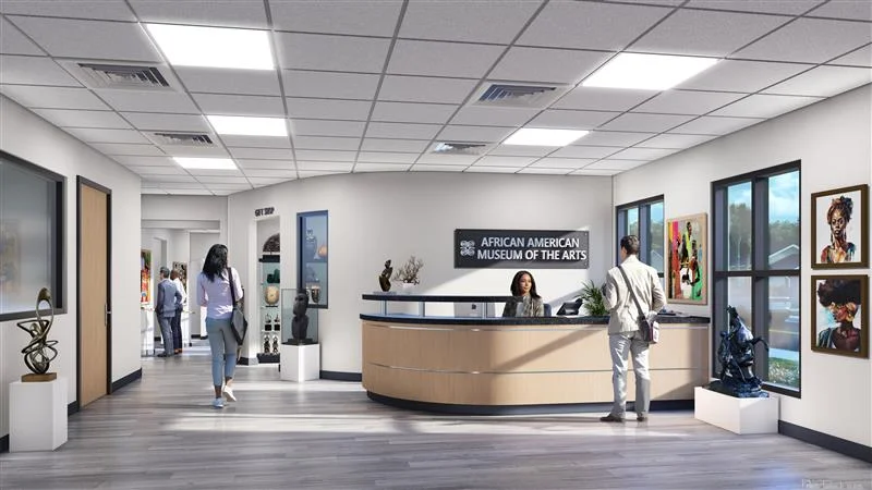 African American Museum 3D model render of interior lobby and welcome desk