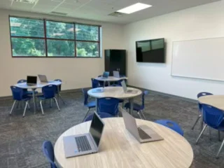 classroom with laptops