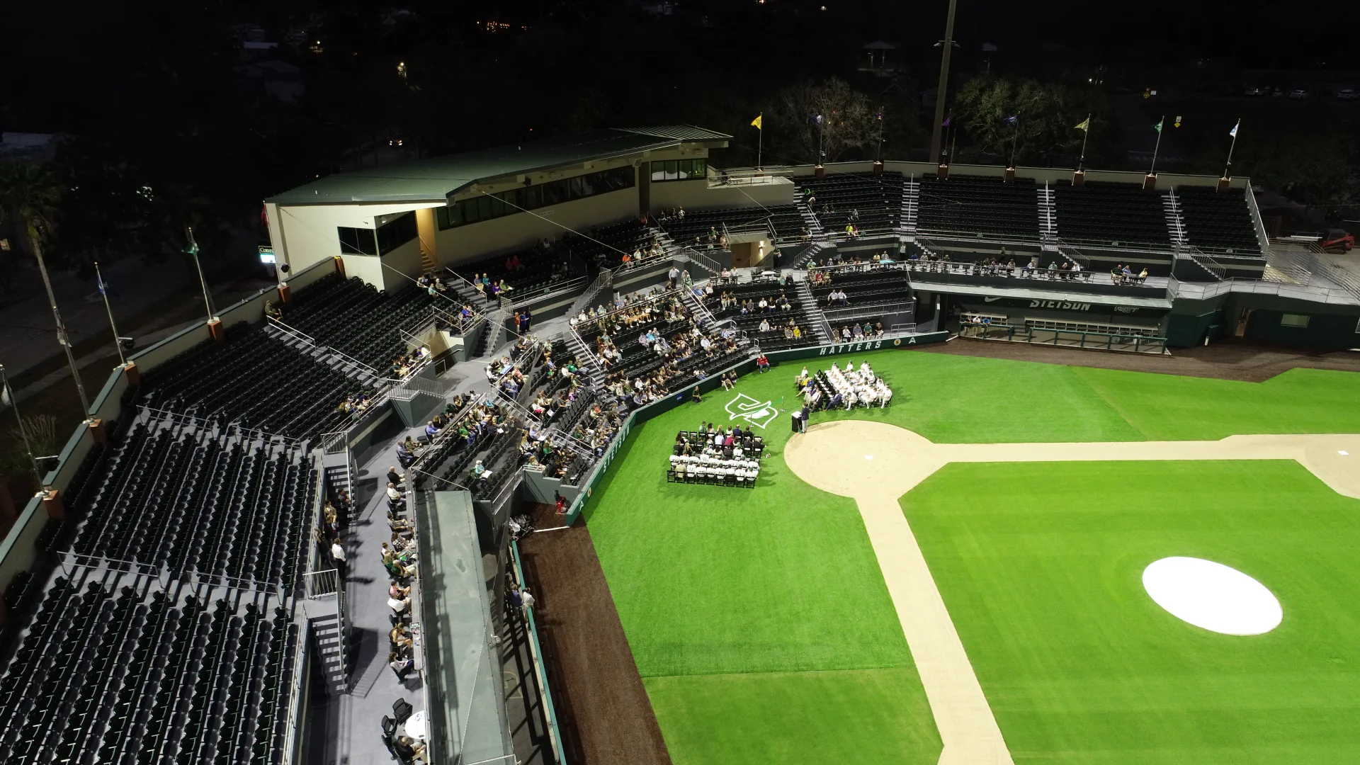 aerial view of baseball diamond at night