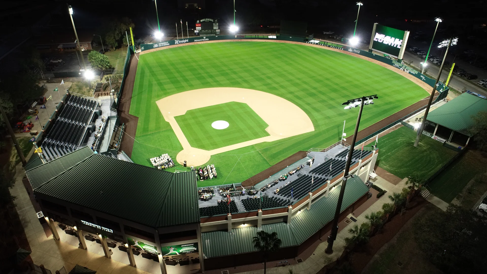 aerial view of baseball diamond at night