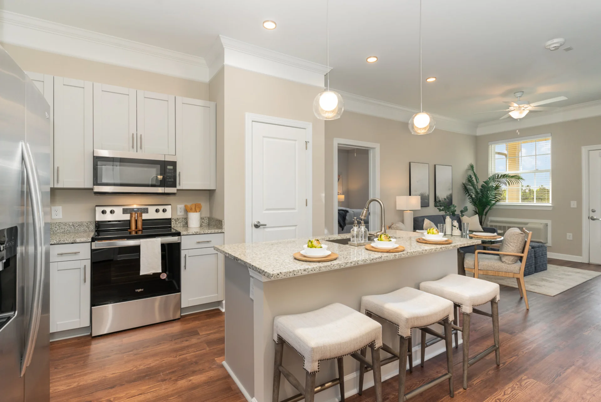 kitchen with island and stools
