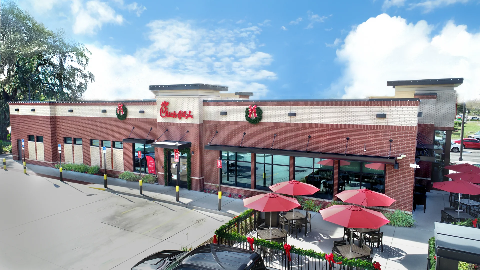 Chick-fil-A restaurant exterior and parking lot