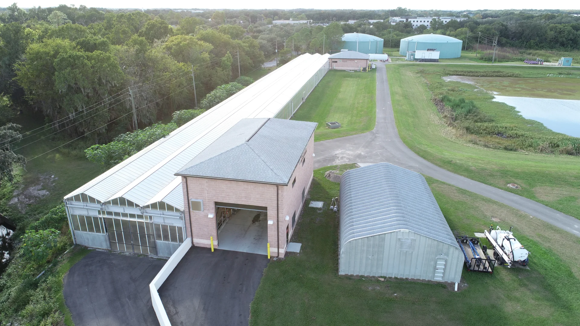 facility operations building and work sheds aerial view